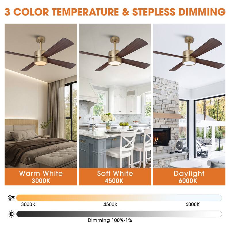 52 in. Natural Brass Plywood Indoor Downrod Mount Ceiling Fan with Integrated LED and Remote Control