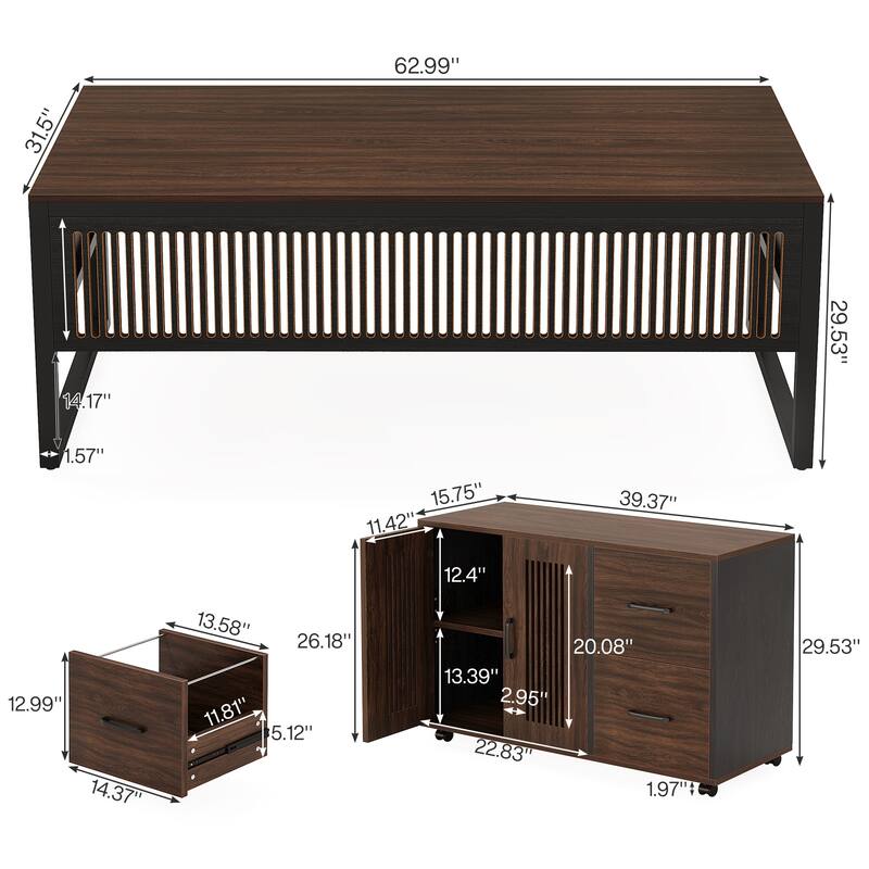 63-Inch Large Executive Desk and Mobile File Cabinet Set for Office