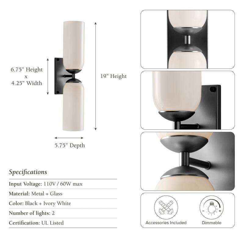Glass Double Wall Sconce - Metal, Glass Matte Black, Ivory 2-Light Sconce for Bathroom or Entryway in Modern, Mid-Century Style