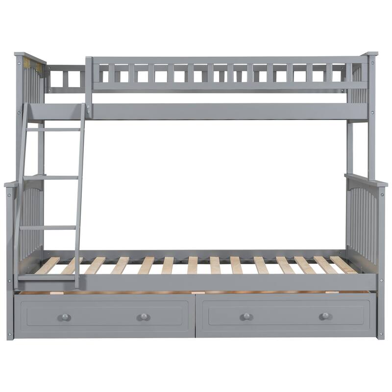 Wooden Storage Bunk Bed Frame with Fence-shaped Guardrails and Pull-out Drawers, Convertible 2 Platform Beds, Detachable Design