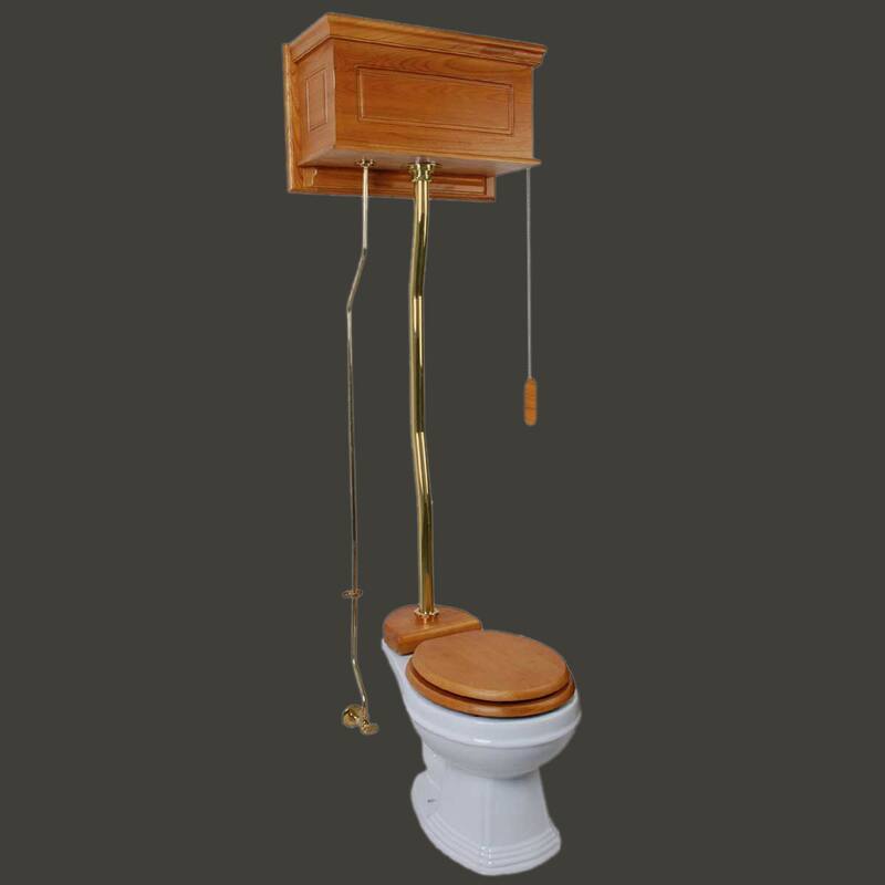 Cherry Wooden High Tank Toilet Flat Tank, White Round Bowl and Chrome L Pipe