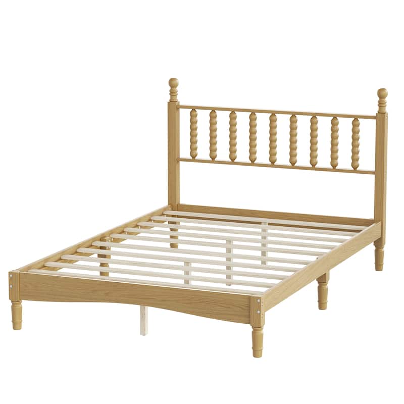 King/Full Size Wood Platform Bed with Gourd Shaped Headboard - Retro Style Wooden Slat Support Bed Frame