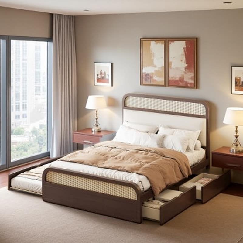 Queen Platform Bed with Twin Trundle, Padded Headboard, Dual Storage Drawers & Rattan Accent Design