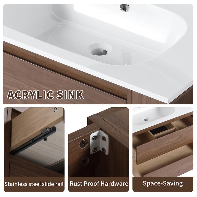 Modland 30" Wall-Mount Vanity with Gel Sink & Soft-Close Drawers - Adjustable Shelf, Brown/Imitative Oak - 30 Inch