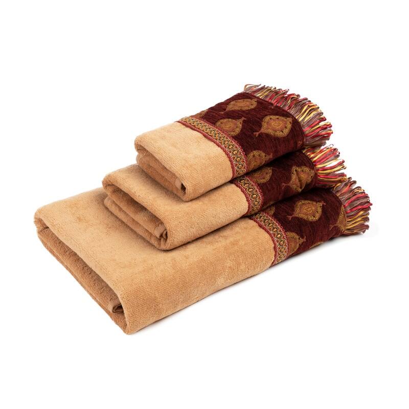 Austin Horn Classics Droplet Gold 3-piece Decorative Towel Set, Burgundy Jacquard Fabric Band, 1 Bath, Hand & tip Towel