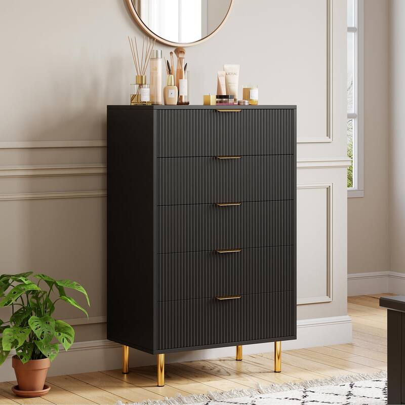5 Drawer Dresser for Bedroom with Gold Handles, Modern Wooden Chest of Drawers