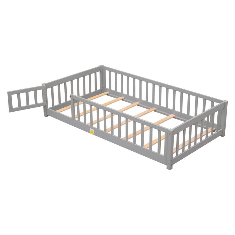 Floor Platform Bed with Fence Guardrails and Door
