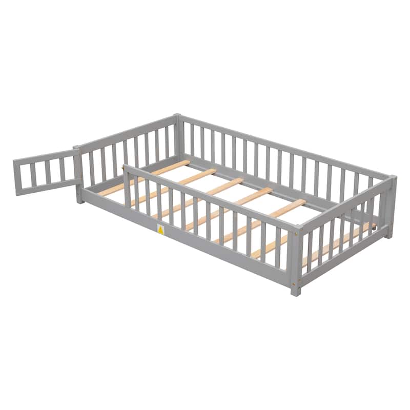 Twin size Floor Platform Bed with Fence and Door