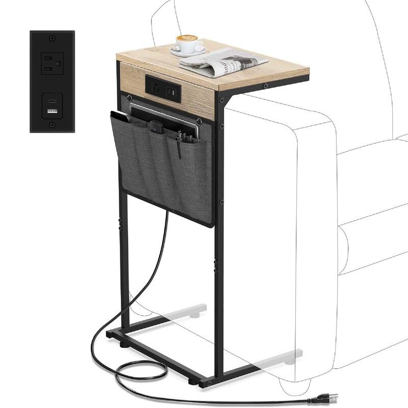 C Shaped End Table with Charging Station - 16"D x 10"W x 28"H - Greige