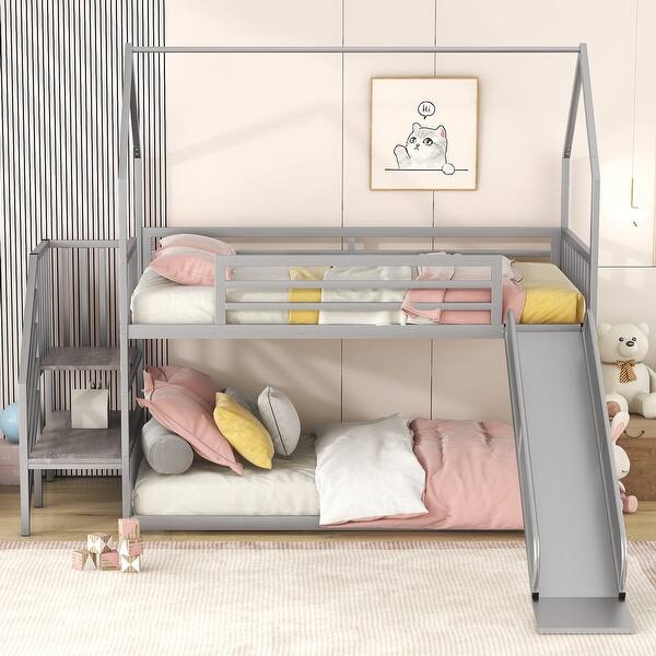 slide 2 of 26, Twin over Twin Metal Bunk Bed House Bed with Slide and Staircase Silver