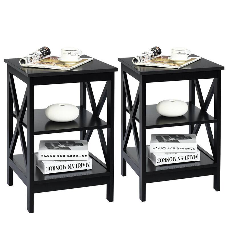 Gymax 2 PCS 3-Tier Nightstand End Table X Design Storage Display Shelf