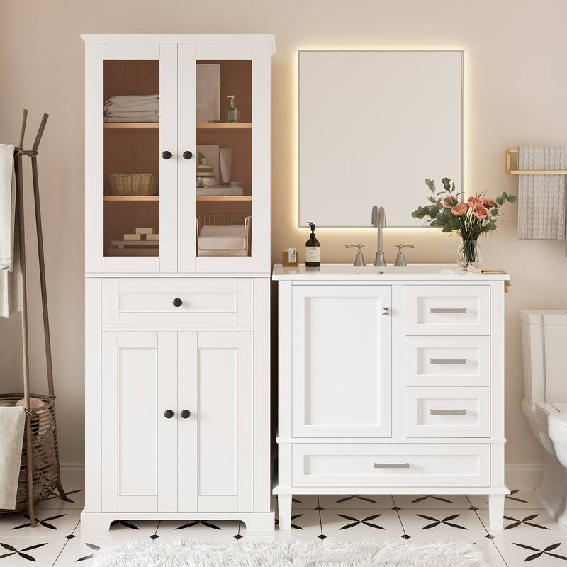 2-Piece Bathroom Storage Set, Tall Bathroom Storage Cabinet and 30" Bathroom Vanity with Ceramic Sink Combo