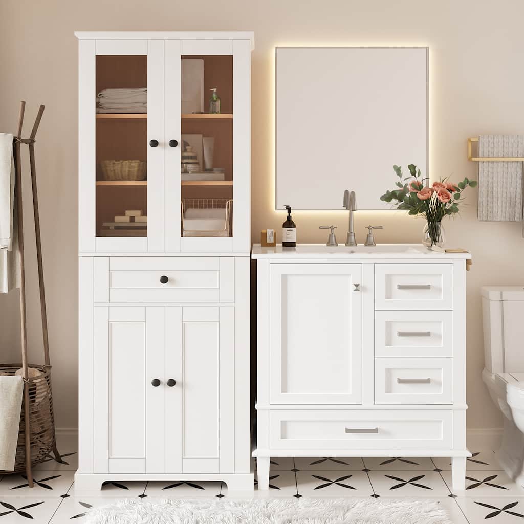 GDFStudio - Fernwell Multifunctional 2-Piece Bathroom Storage Set with Integrated Ceramic Sink Vanity & Tall Cabinet