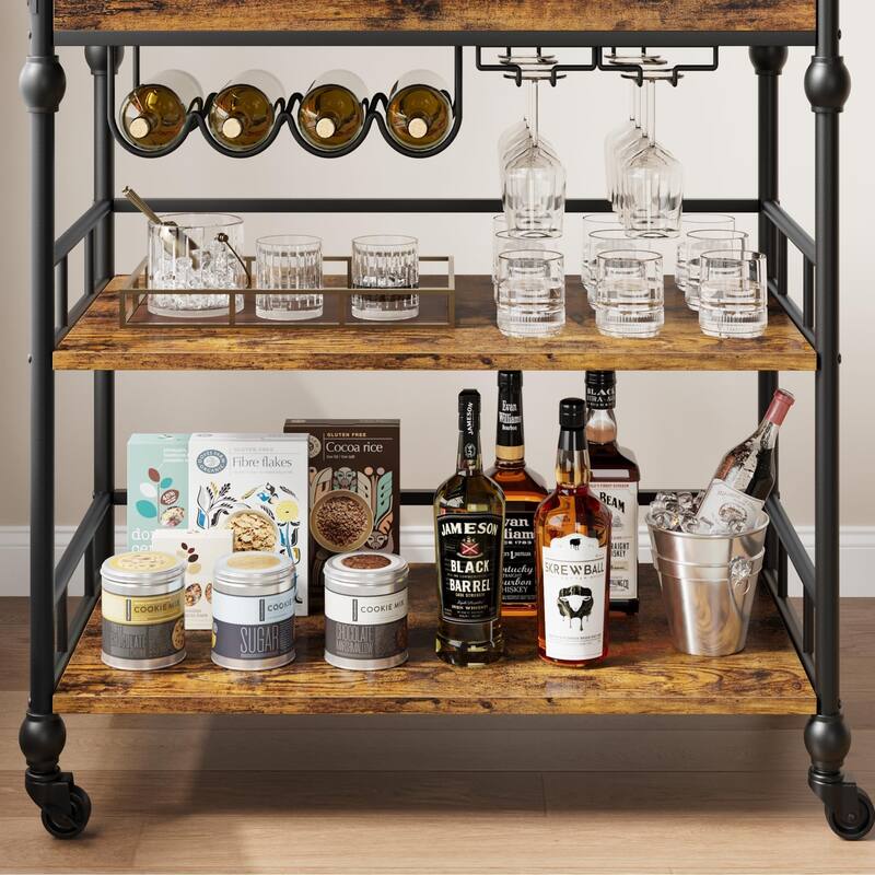 Farmhouse 3 Tier Bar Cart with Removable Tray for Kitchen - 15.7"D x 35.4"W x 34.1"H