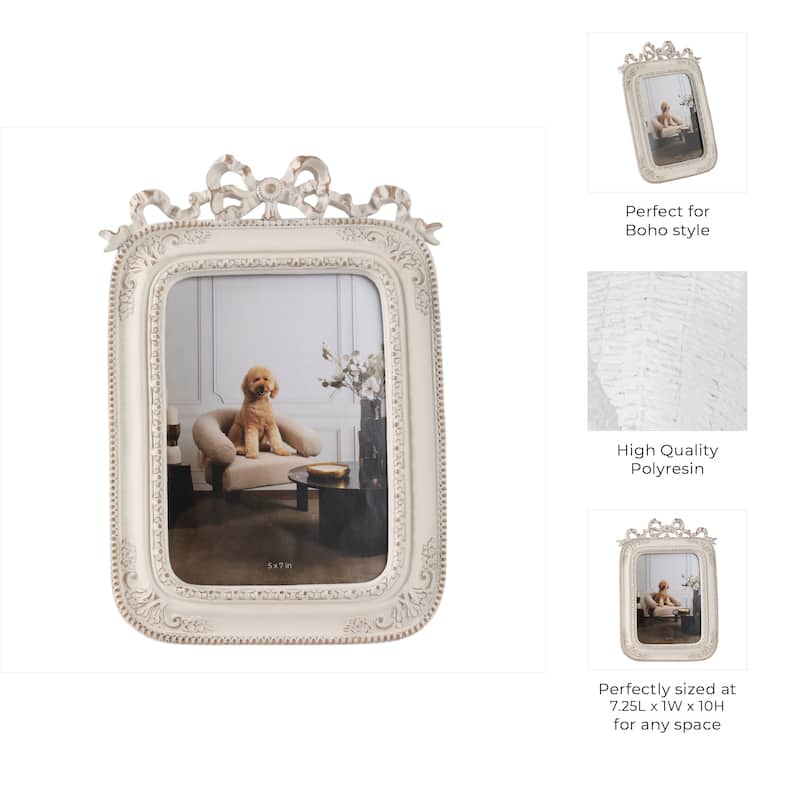 Polyresin Glass Photo Frame Ornate Carved Boho Design - 10" Ivory