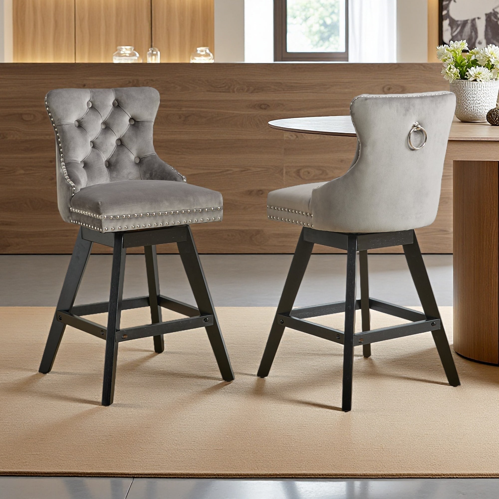 38.4"H Set of 2 Swivel Velvet Barstools with Chrome Nailhead Trim & Solid Rubber Wood Legs - 360° Rotating Seat