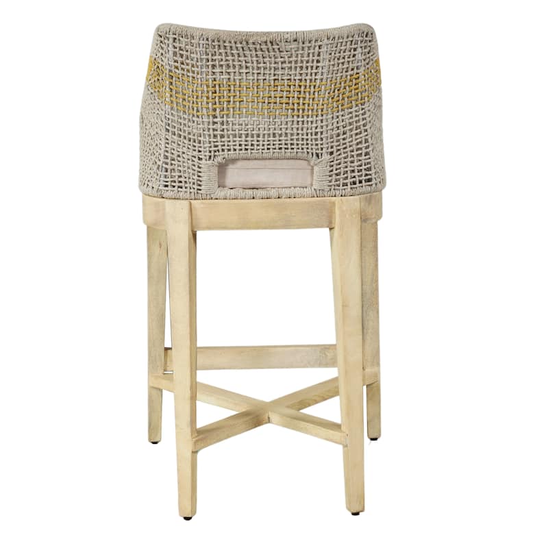 Avira 30 Inch Barstool Chair | Handcrafted Mango Wood | Cotton Rope Weaving | Beige Cushion