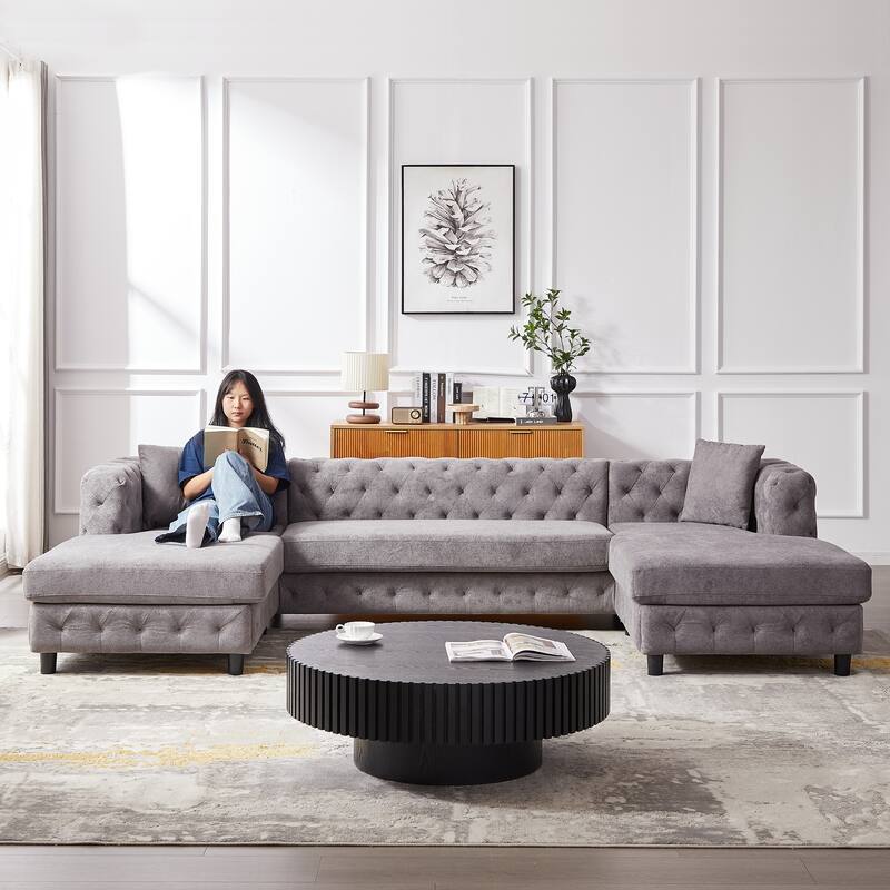 U-Shaped Chenille Sofa with Two Chaise Longue Seats and Pillows.