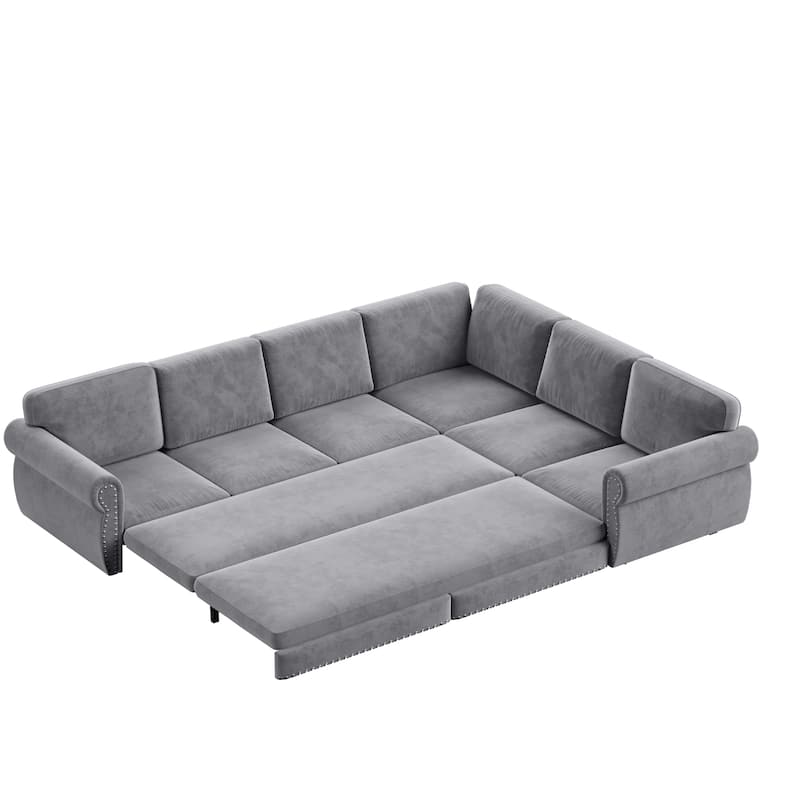 118" L-Shaped Sofa Couch with Pull-Out Bed with Nailhead Trim & Rolled Arm - 118"L x 86.6"W x 36.3"H