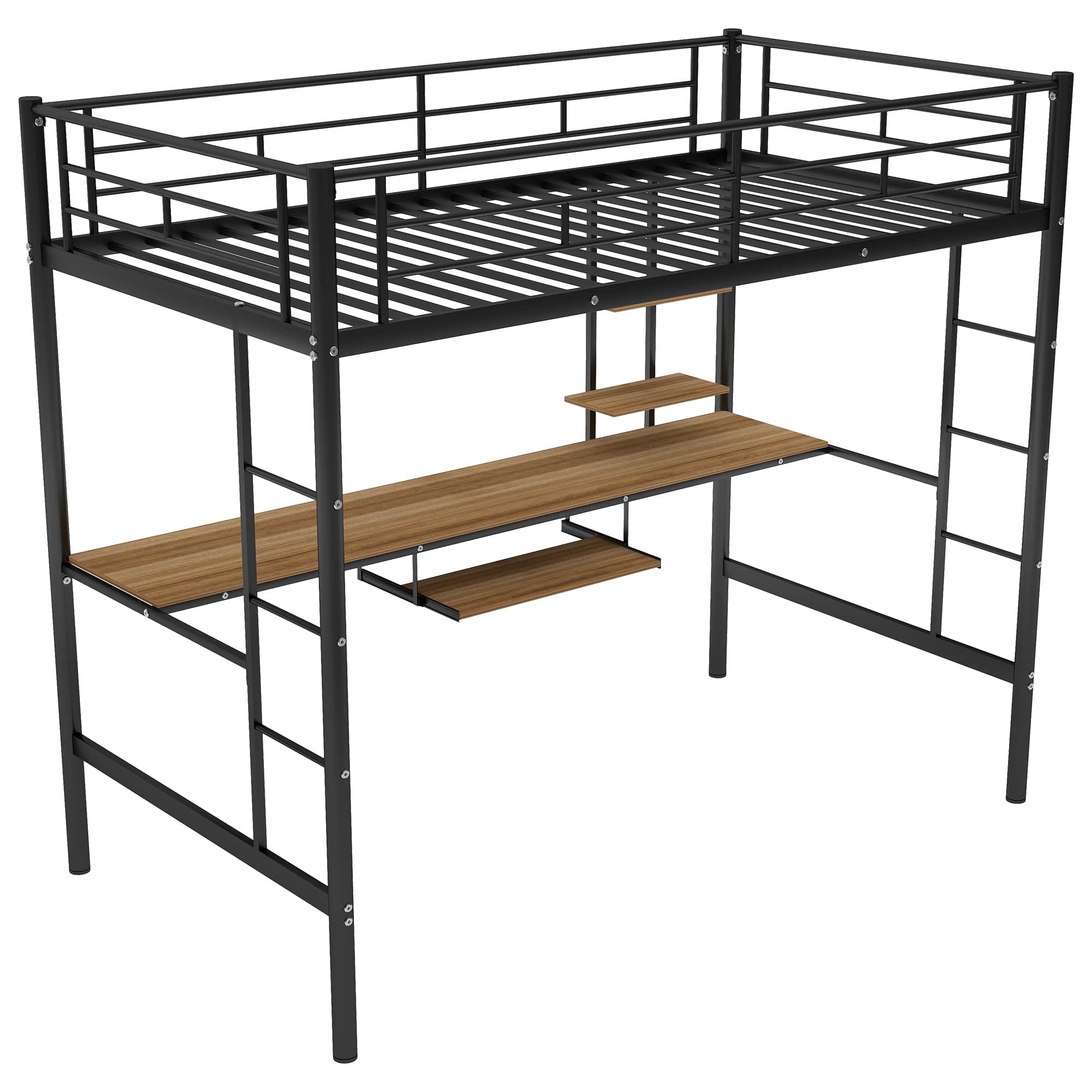 Twin Size Metal Bedroom Loft Bed with Wooden Desk and Shelf, Space ...