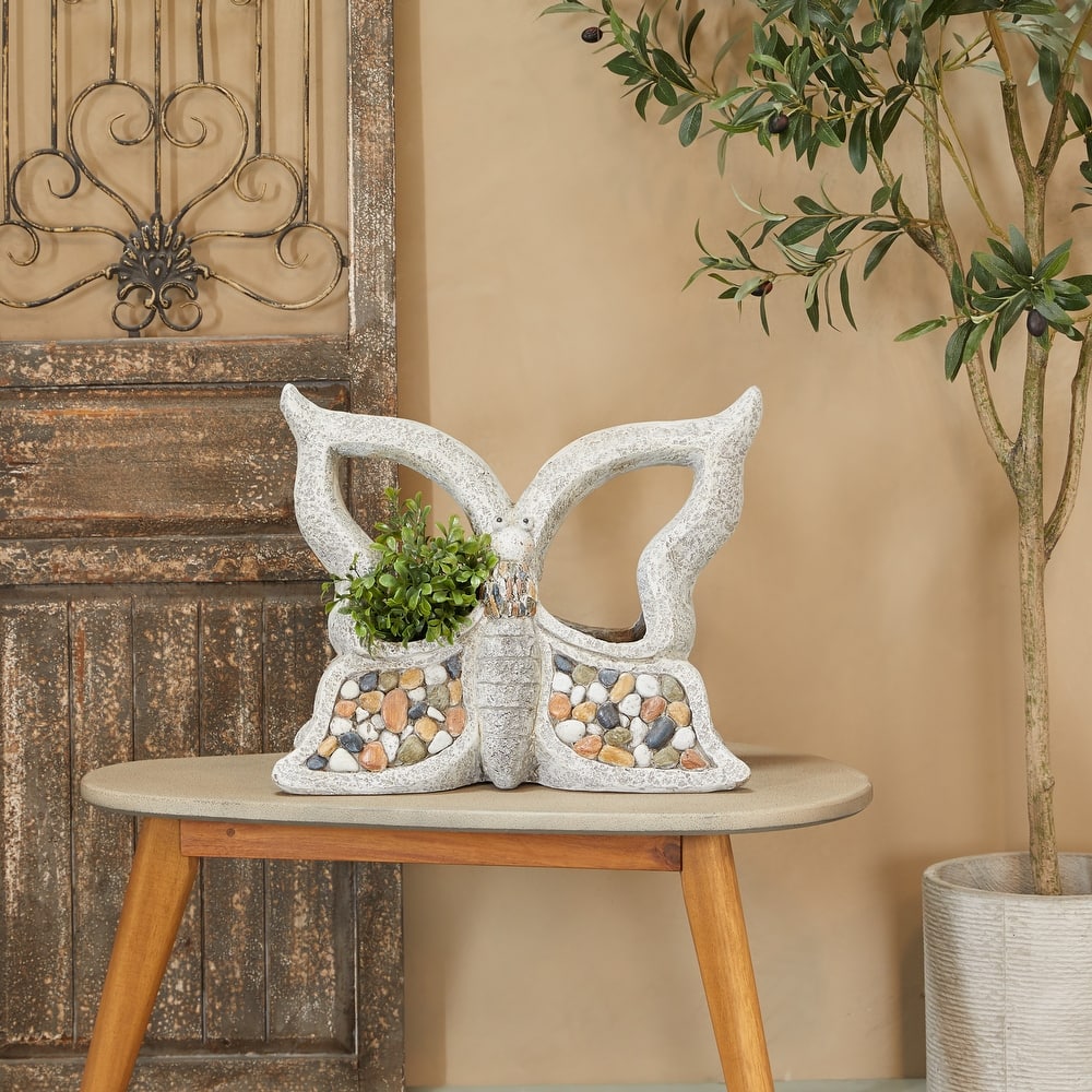 Gray Fiberglass Indoor Outdoor Planter with Stone Mosaic Design