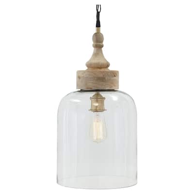 Inverted U Glass Pendant Light with Wood Finial Crown Top, Brown and Clear