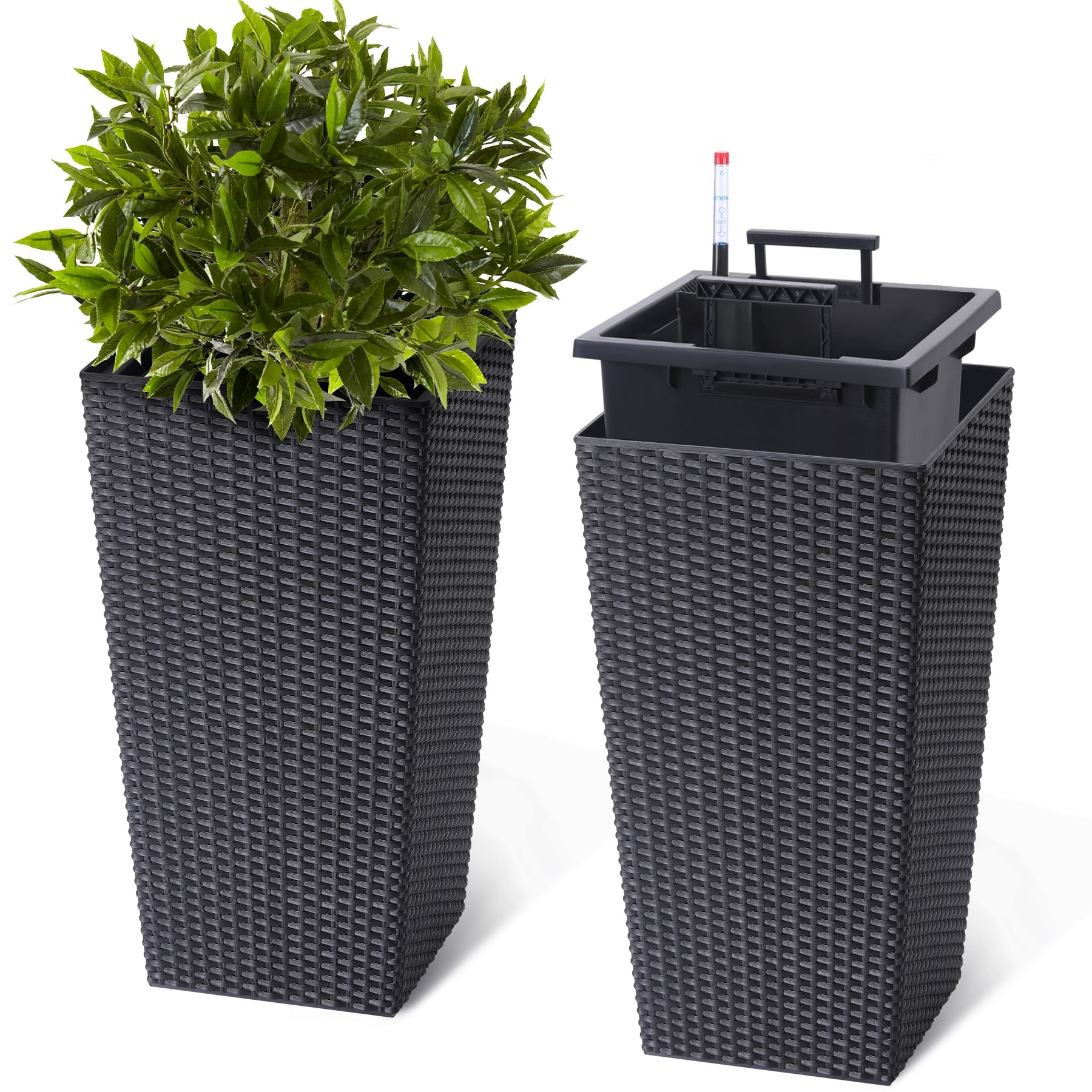 22.5 in Tall Planter Set of 2 Large Rattan Flower Pot with 2 Trays and a Water Level Monitor and Wheels Black