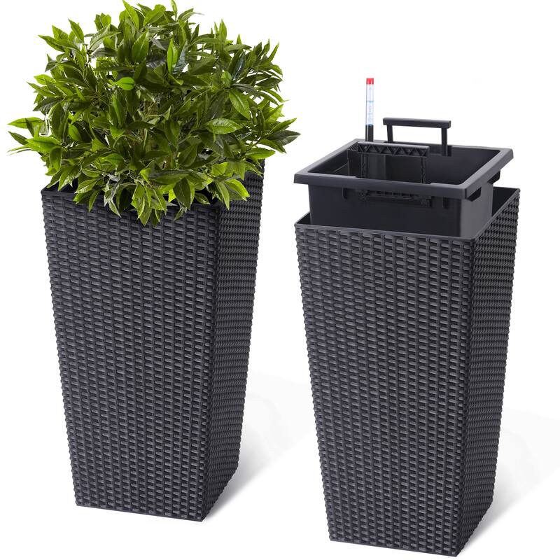 22.5 in Tall Planter Set of 2 Large Rattan Flower Pot with 2 Trays and a Water Level Monitor and Wheels Black - Black