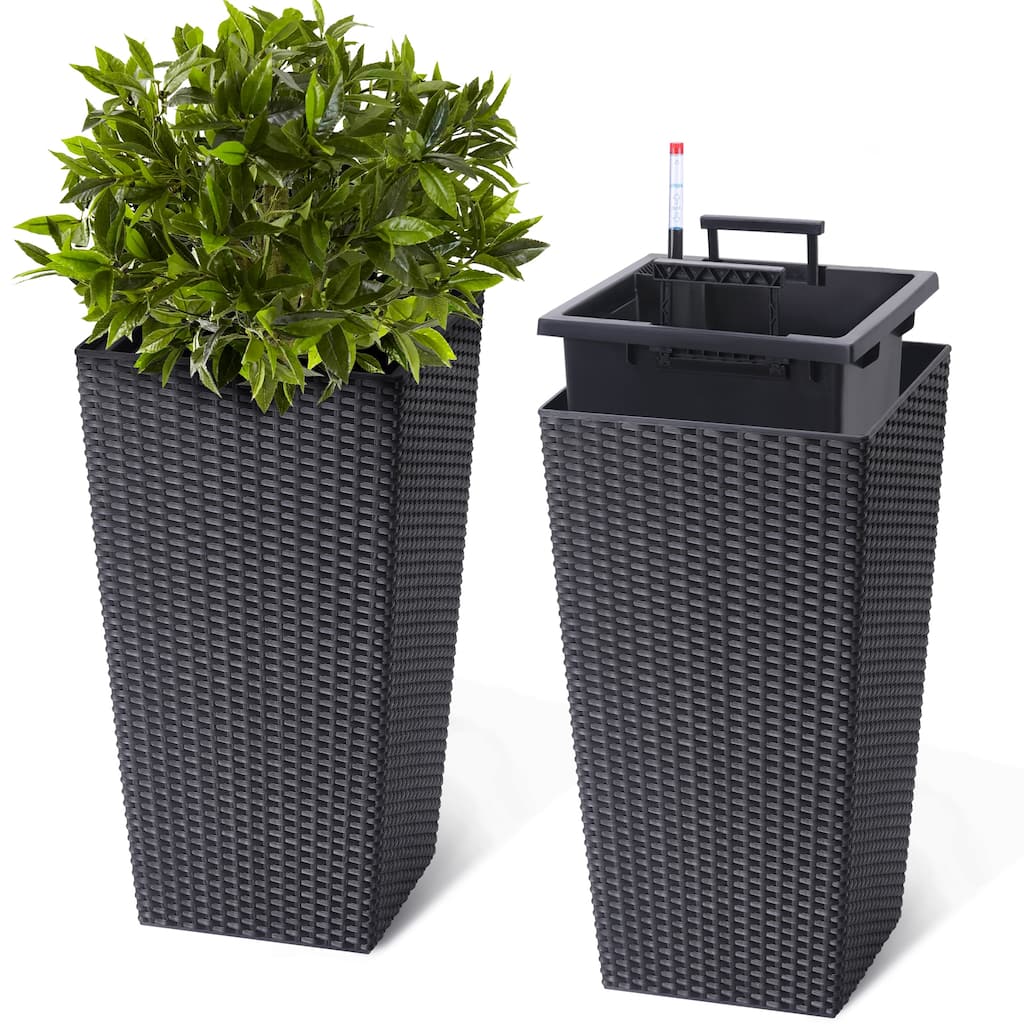 22.5 in Tall Planter Set of 2 Large Rattan Flower Pot with 2 Trays and a Water Level Monitor and Wheels Black