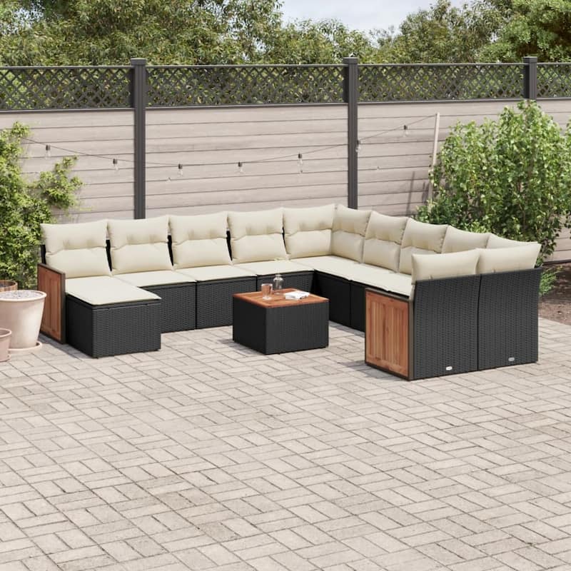 vidaXL Patio Sofa Set with Cushions Outdoor Conversation Furniture Poly Rattan - 21.7 x 21.7 x 14.6 in - Black and cream with table