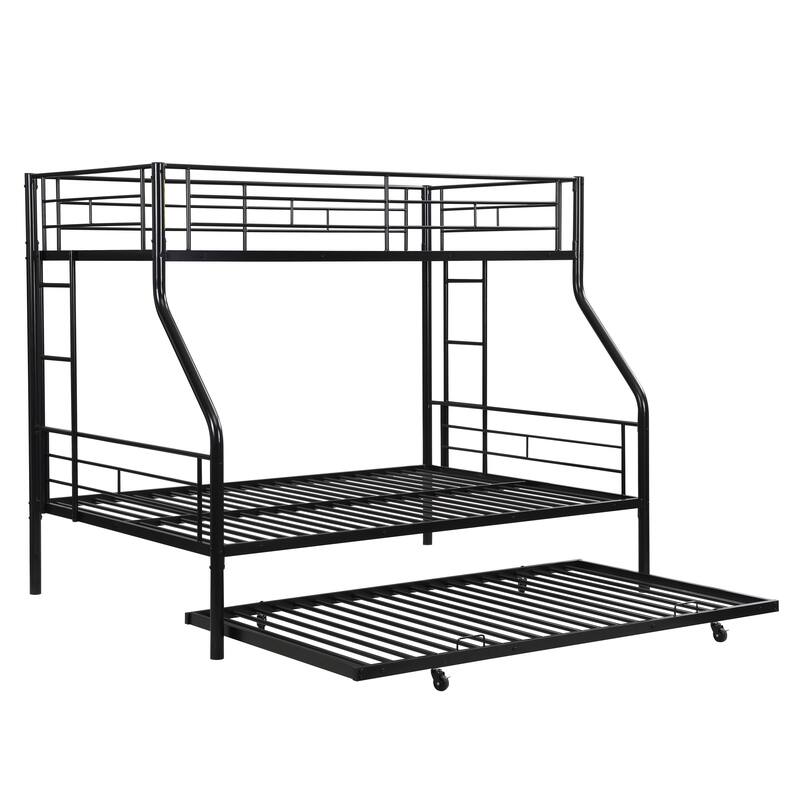 Twin Over Full Triple Bunk Beds with Trundle, Metal Bunkbeds w/Ladder & Full-Length Guardrail, Noise Free, No Box Spring Needed