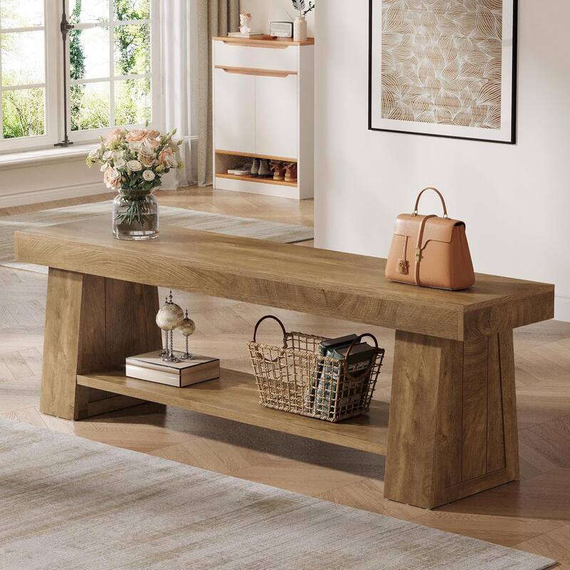 63" Wooden Entryway Bench with Storage Shelf, Extra Long Bench, Hallway Bench for Living Room, Bedroom, Kitchen