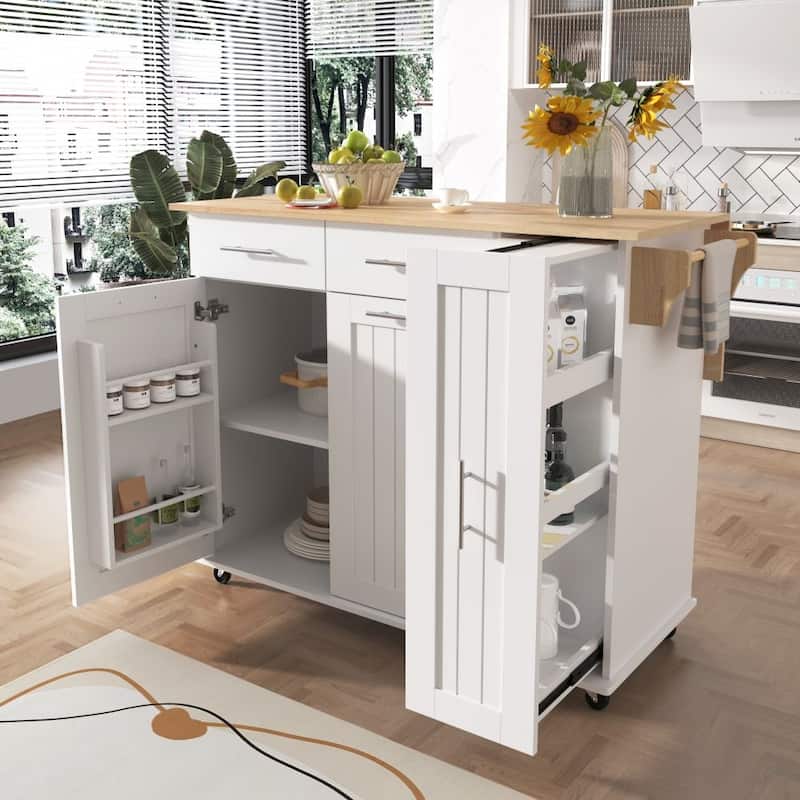 Kitchen Island with Drop Leaf and 3 Tier Pull Out Cabinet Organizer - White