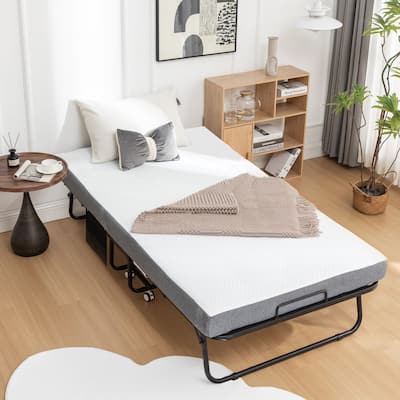 Folding Bed with Mattress, SPortable Foldable Bed with Storage Cover, SRollaway Bed with Memory Foam Mattress and Metal Frame