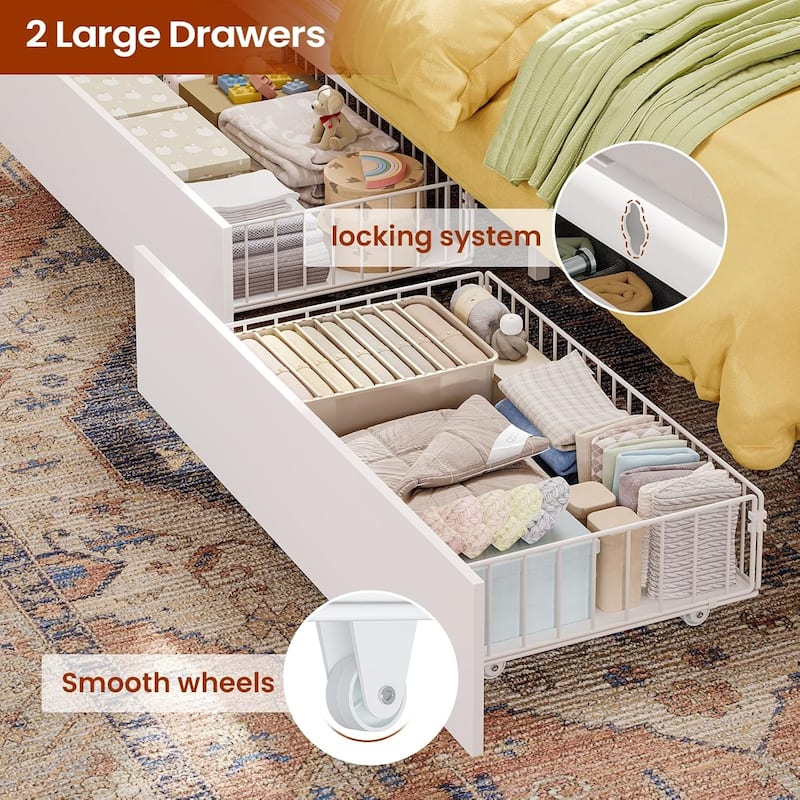 Loft Bed L Shaped Desk Daybed Power Outlet LED Light Drawers Shelves