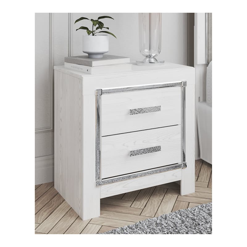 Altyra Glam White Mosaic Chrome Accent 2-drawer Nightstand with Wireless Charging