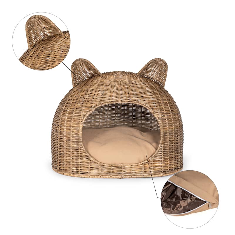 Cat Ear 20" x 14.5" Coastal Handwoven Rattan Cat Bed with Machine-Washable Cushion, Natural