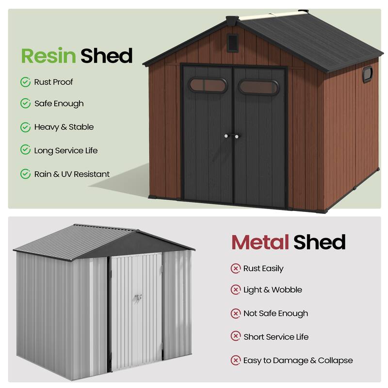 8X10 FT All-Weather Waterproof Plastc Outdoor Resin Storage Shed Windows Lockable Door with Floor for Patio Furniture and Tools