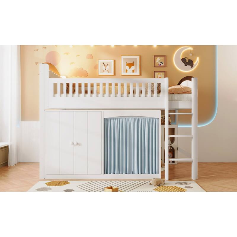 Roomfitters Twin/Full Size Loft Bed with Storage Cabinet, Wardrobe and LED Light