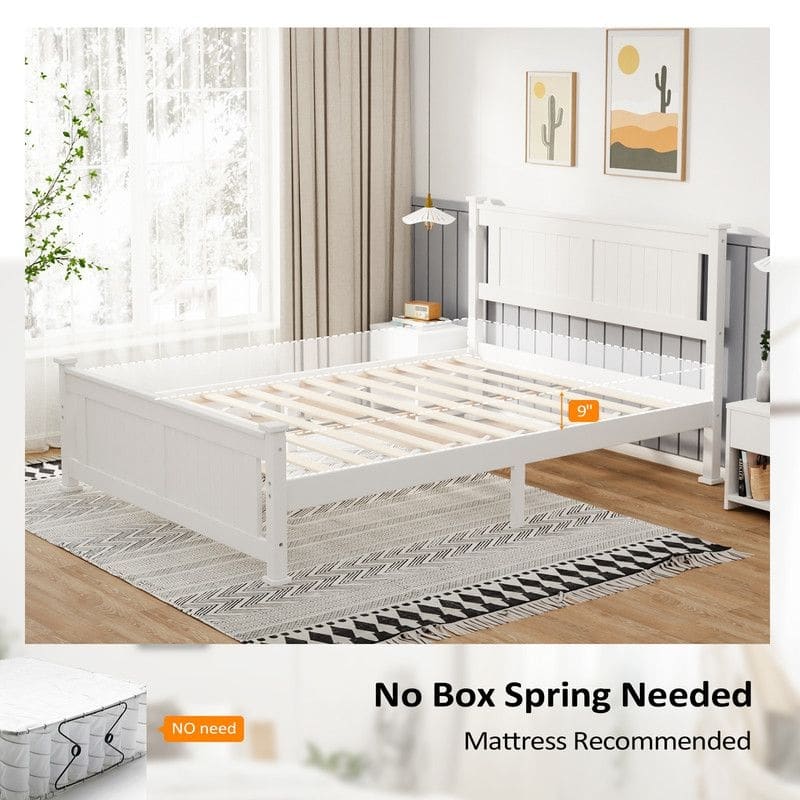 Wood Bed Frame Full Size Platform Bed with Headboard White