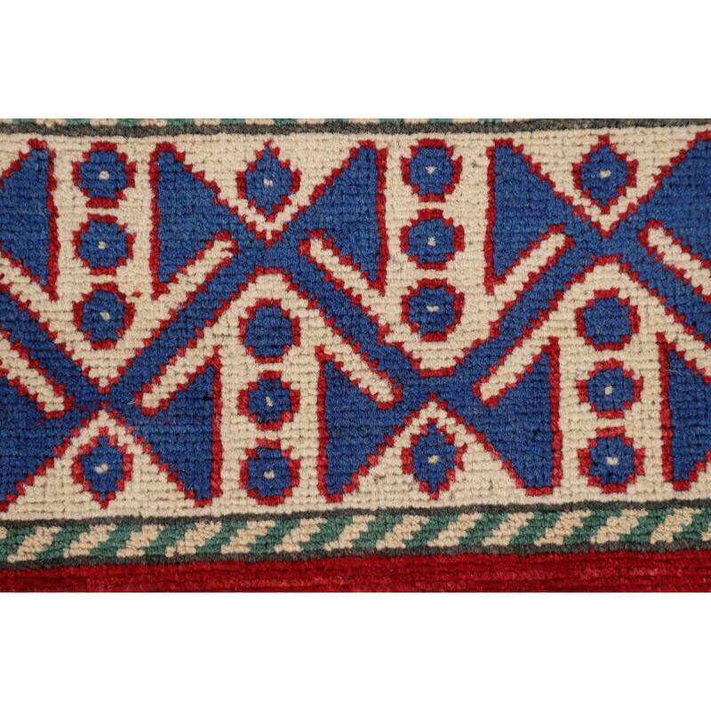 Red Geometric Kazak Oriental Area Rug Handmade Wool Carpet - 6'6" x 9'7"