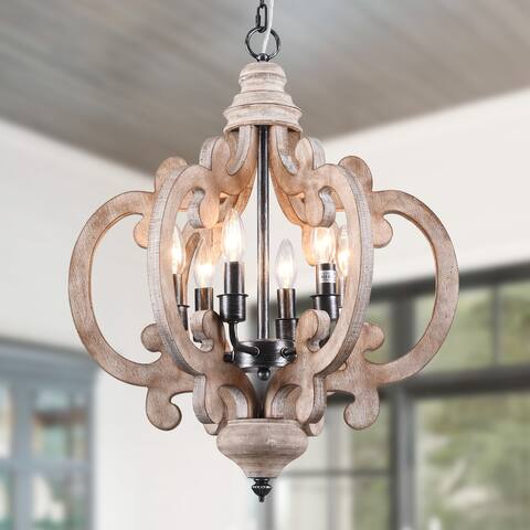 Oaks Aura Cottage Chic French Country Crown 6-Light Rustic Wood Ceiling Light Farmhouse Shabby Chic Chandelier