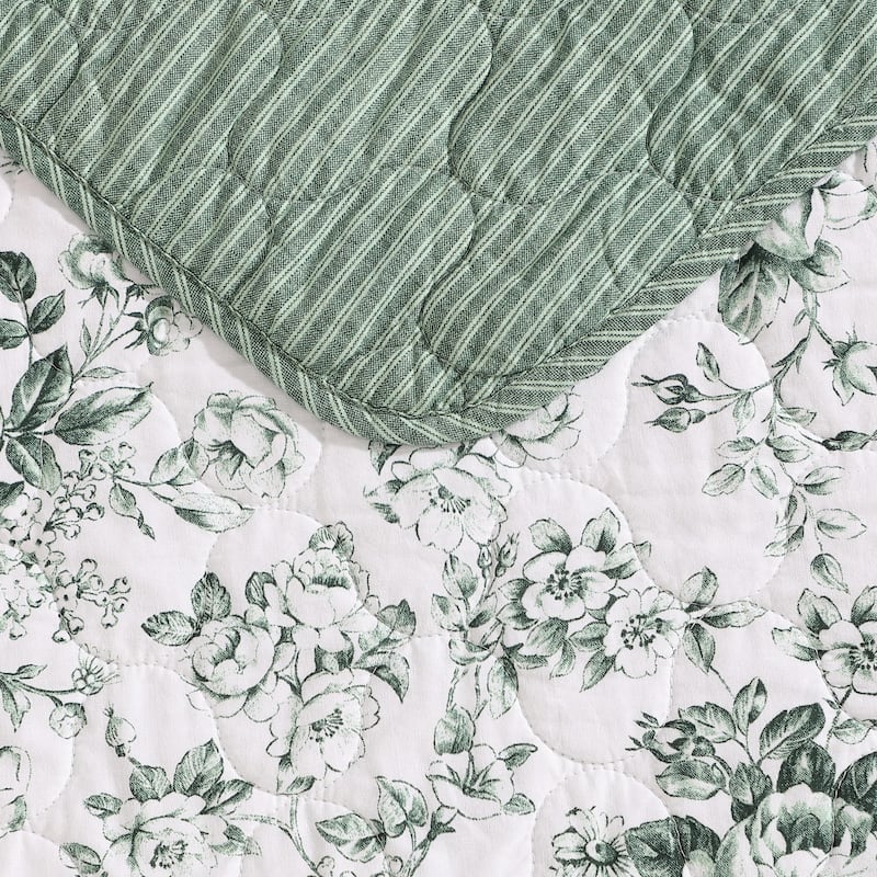 Laura Ashley Toile Delight Cotton Reversible Green Quilt Set