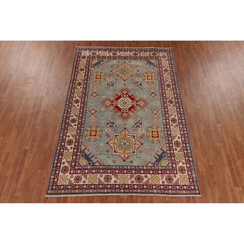 Hand Knotted Oriental 100% Wool Carpet Traditional Geometric Navy Blue & Blues Kazak Area Rug - 9' 8'' X 6' 6''