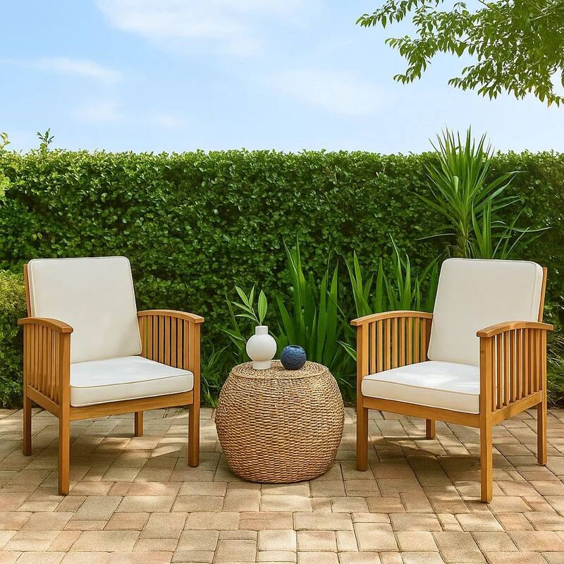 Gerry Outdoor Club Chairs Set of 2, Cream Fabric, Slatted Light Brown