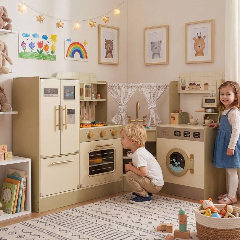 Gymax Kids Corner Play Kitchen w/Faucet Dishwasher Stoves Coffee