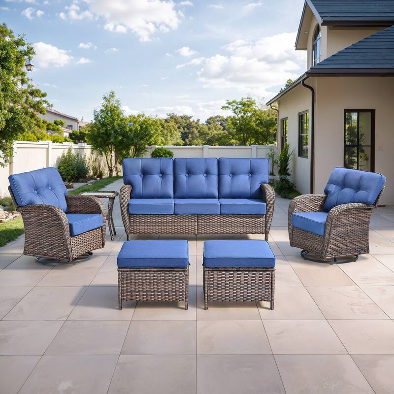 Gymojoy 6-Piece Outdoor Wicker Patio Furniture Set, 5" Thick Cushioned Rattan Set with Swivel Chairs & Ottomans - Brown Wicker / Blue Cusion - 6-Piece