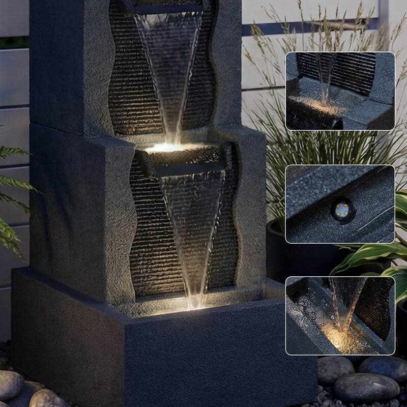3 Tier Stone Look Lighted Water Fountain Modern Stacked Patio Decor