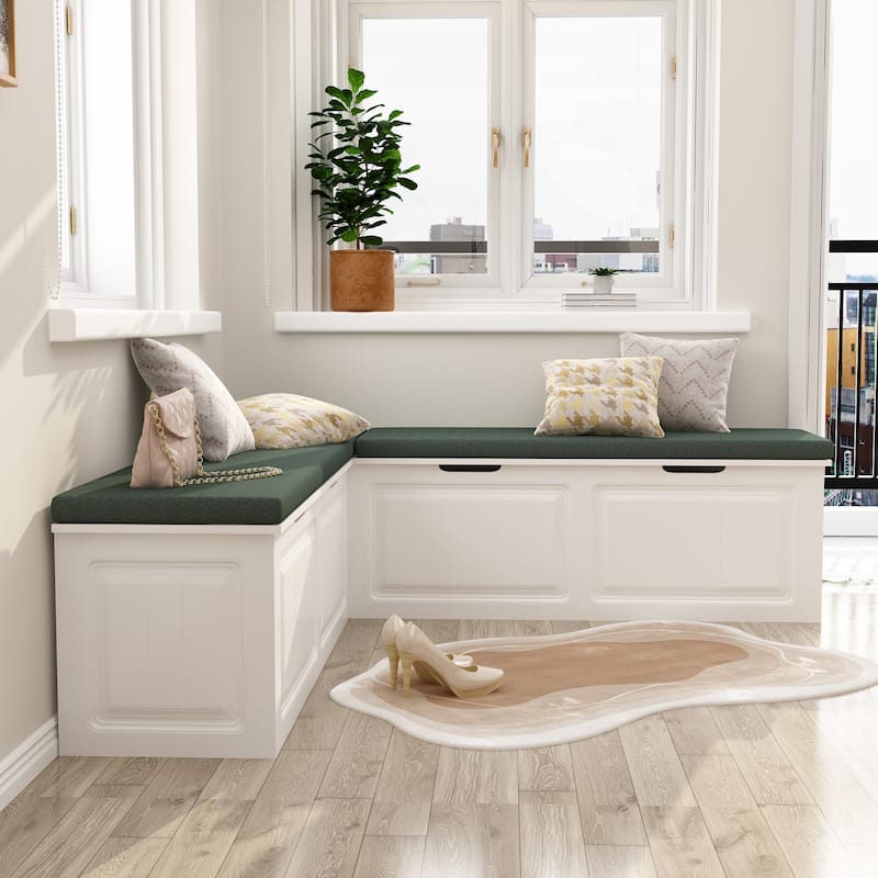 White & Green L-Shaped Storage Bench: Stylish Seating with Hidden Storage
