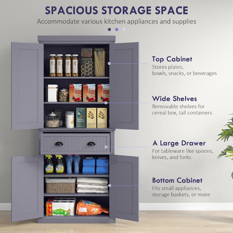 Tall Kitchen Storage Cabinet with Adjustable Shelves and Drawer, Freestanding Pantry Buffet Cabinet with Doors